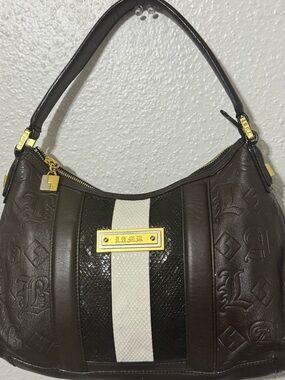 L.A.M.B. Brown and Cream Hobo Shoulder Bag with Black Accent